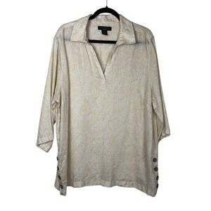 Tahari Womens 100% Linen Collared V-Neck Popover‎ Tropical 1X Lagenlook Beachy